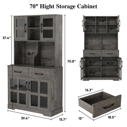 Save 50% - Modern Kitchen Pantry Cabinet with Power Outlet & Wine Glass Rack, Freestanding Hutch with Microwave Stand and Adjustable Shelves