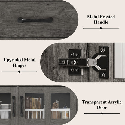 Save 50% - Modern Kitchen Pantry Cabinet with Power Outlet & Wine Glass Rack, Freestanding Hutch with Microwave Stand and Adjustable Shelves