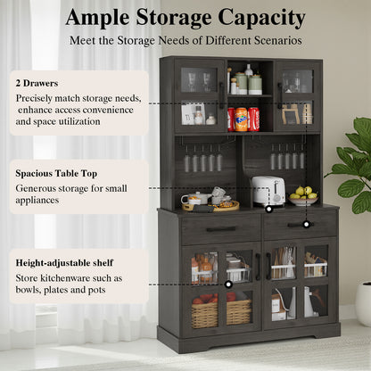 Save 50% - Modern Kitchen Pantry Cabinet with Power Outlet & Wine Glass Rack, Freestanding Hutch with Microwave Stand and Adjustable Shelves