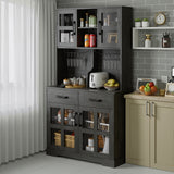 Modern Belord kitchen pantry cabinet with power outlet, wine glass rack, adjustable shelves, and microwave stand in a freestanding design.