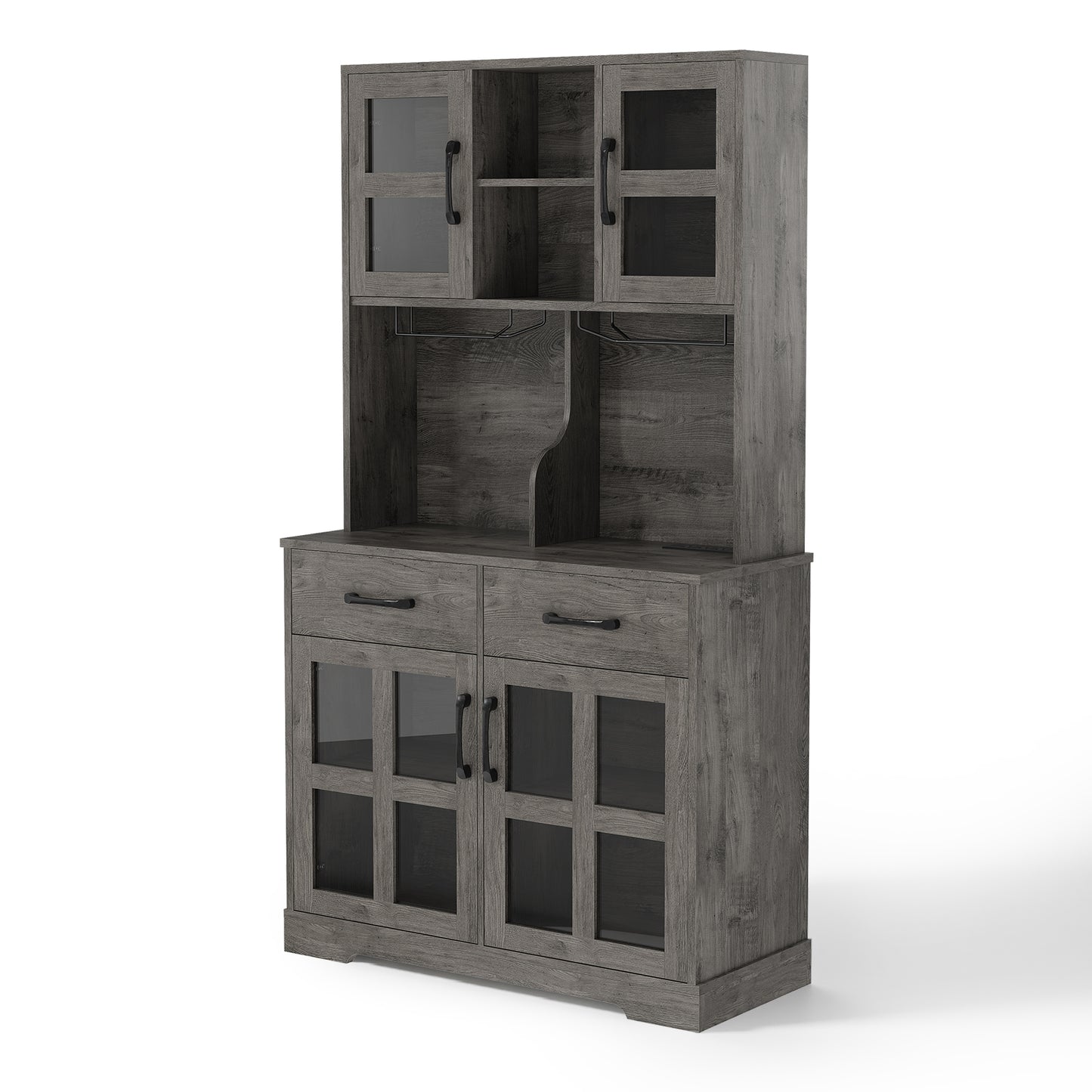 Save 50% - Modern Kitchen Pantry Cabinet with Power Outlet & Wine Glass Rack, Freestanding Hutch with Microwave Stand and Adjustable Shelves