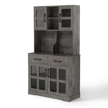 Save 50% - Modern Kitchen Pantry Cabinet with Power Outlet & Wine Glass Rack, Freestanding Hutch with Microwave Stand and Adjustable Shelves - Belord