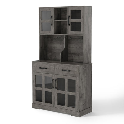 Save 50% - Modern Kitchen Pantry Cabinet with Power Outlet & Wine Glass Rack, Freestanding Hutch with Microwave Stand and Adjustable Shelves