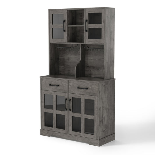 Save 50% - Modern Kitchen Pantry Cabinet with Power Outlet & Wine Glass Rack, Freestanding Hutch with Microwave Stand and Adjustable Shelves