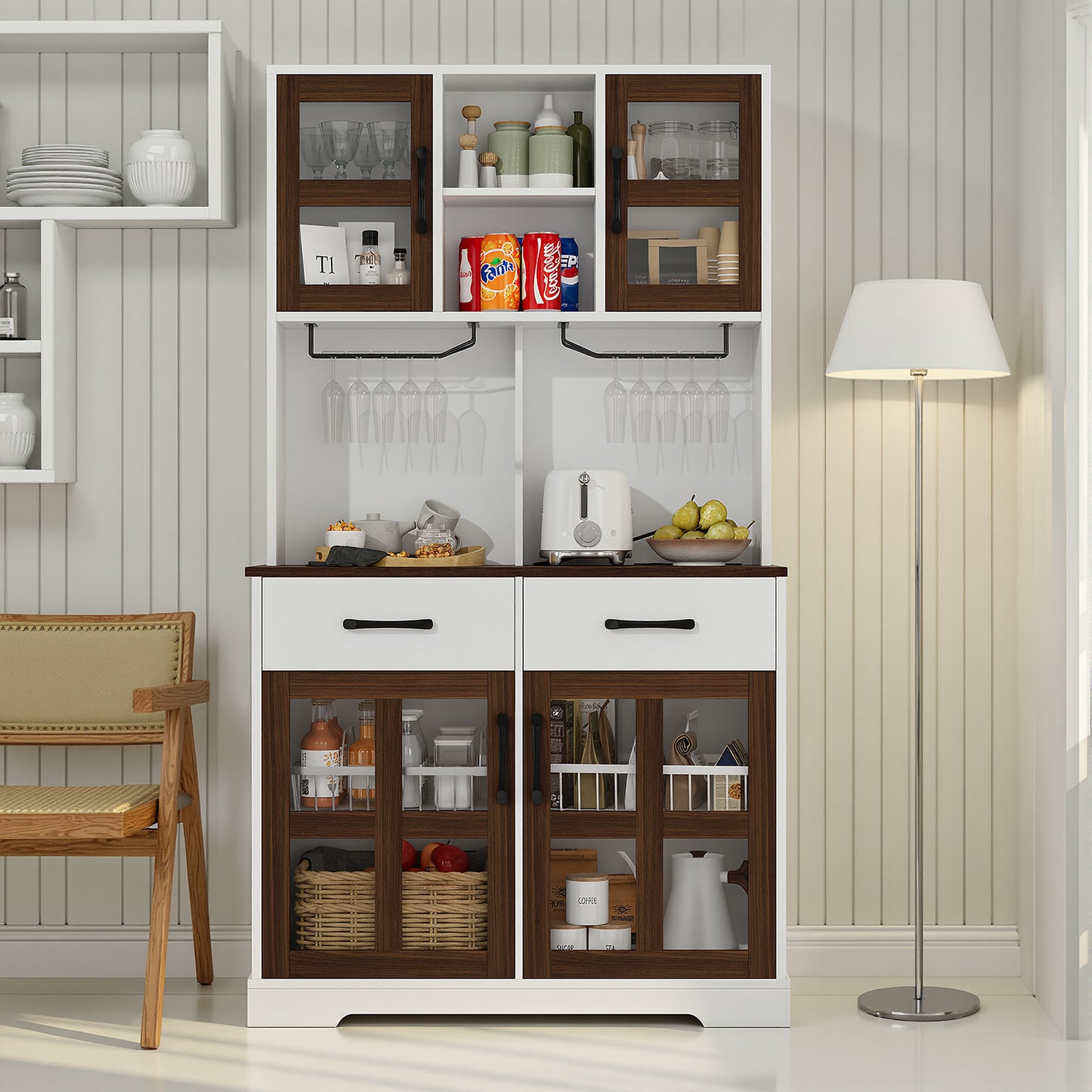 Save 50% - Modern Kitchen Pantry Cabinet with Power Outlet & Wine Glass Rack, Freestanding Hutch with Microwave Stand and Adjustable Shelves