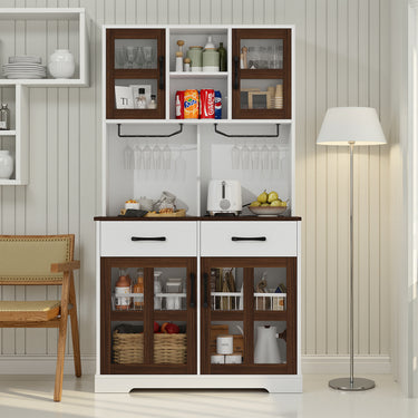 Modern Belord kitchen pantry cabinet with power outlet, wine glass rack, microwave stand, and adjustable shelves in a freestanding design.