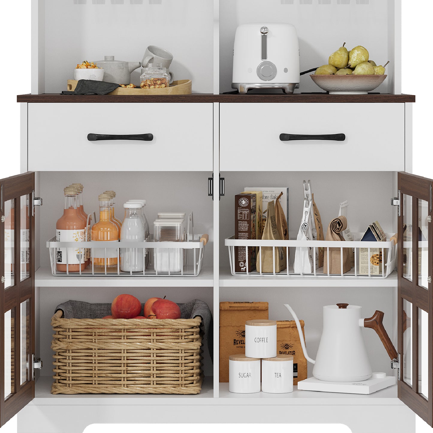 Save 50% - Modern Kitchen Pantry Cabinet with Power Outlet & Wine Glass Rack, Freestanding Hutch with Microwave Stand and Adjustable Shelves