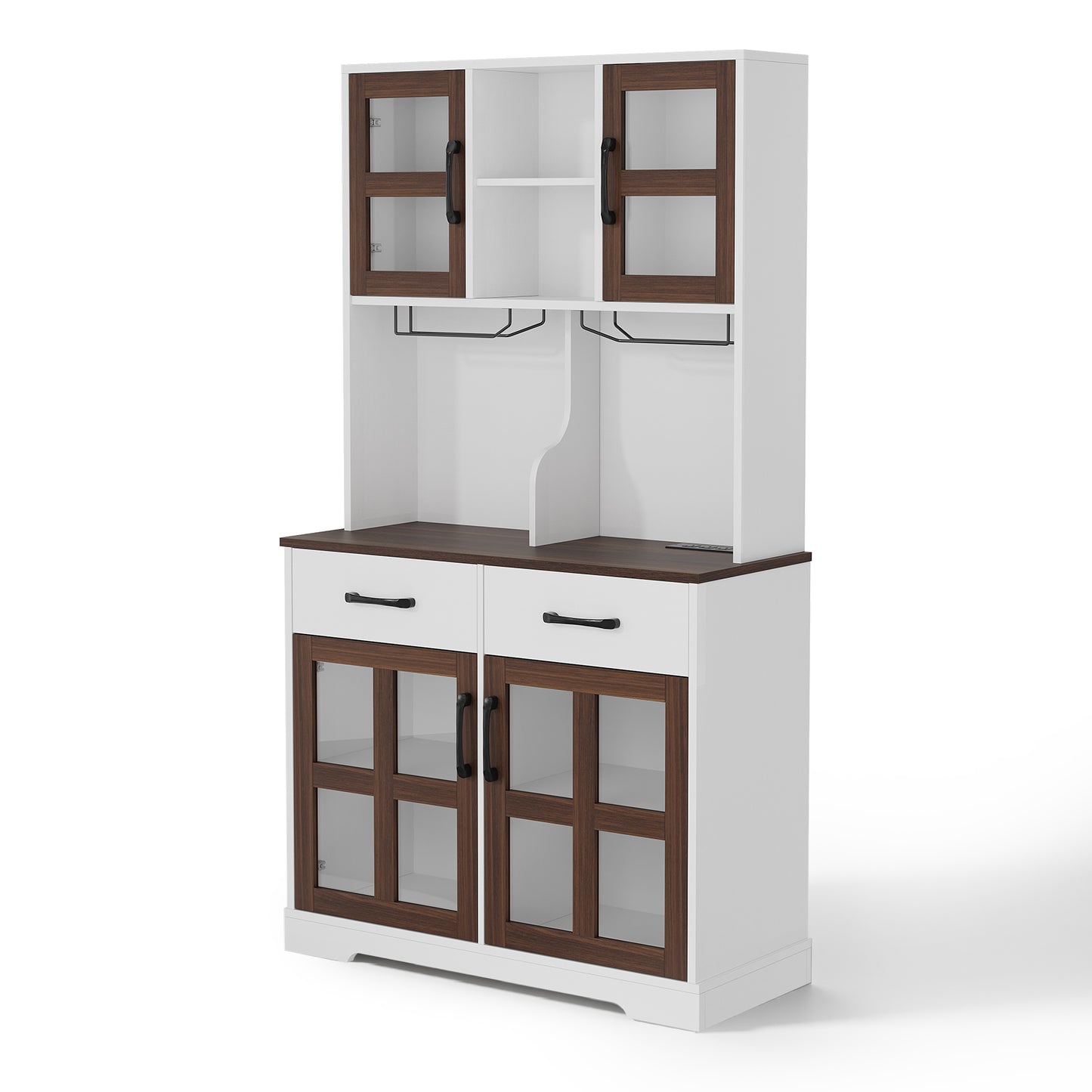Save 50% - Modern Kitchen Pantry Cabinet with Power Outlet & Wine Glass Rack, Freestanding Hutch with Microwave Stand and Adjustable Shelves