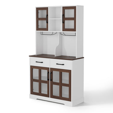 Modern Belord kitchen pantry cabinet with power outlet, wine glass rack, microwave stand, and adjustable shelves in a freestanding design.