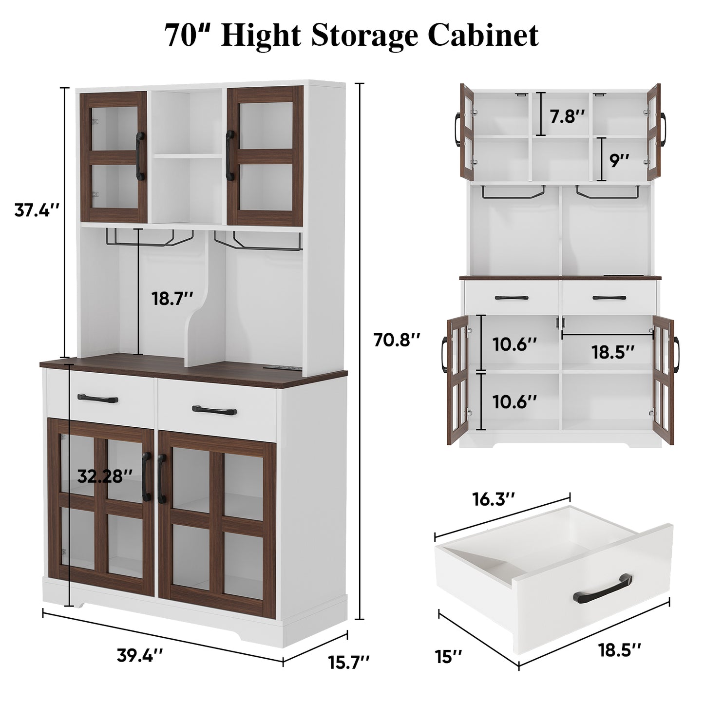 Save 50% - Modern Kitchen Pantry Cabinet with Power Outlet & Wine Glass Rack, Freestanding Hutch with Microwave Stand and Adjustable Shelves