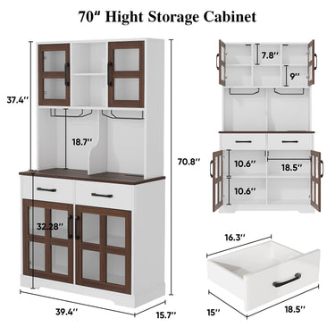 Save 50% - Modern Kitchen Pantry Cabinet with Power Outlet & Wine Glass Rack, Freestanding Hutch with Microwave Stand and Adjustable Shelves - Belord