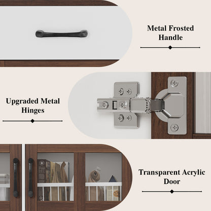 Save 50% - Modern Kitchen Pantry Cabinet with Power Outlet & Wine Glass Rack, Freestanding Hutch with Microwave Stand and Adjustable Shelves
