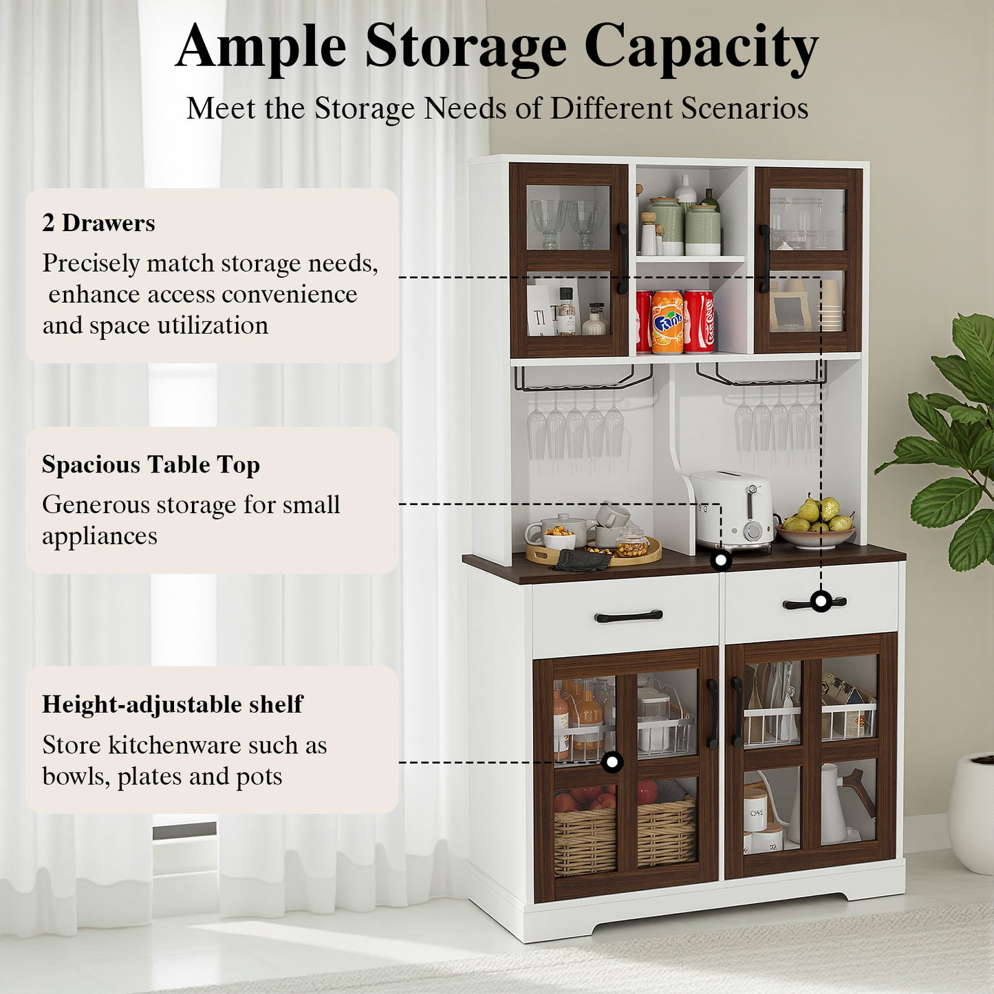 Save 50% - Modern Kitchen Pantry Cabinet with Power Outlet & Wine Glass Rack, Freestanding Hutch with Microwave Stand and Adjustable Shelves