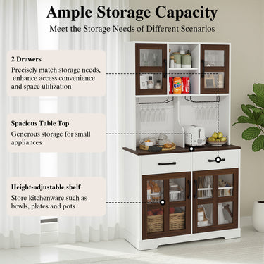 Modern Belord kitchen pantry cabinet with power outlet, wine glass rack, microwave stand, and adjustable shelves in a freestanding design.