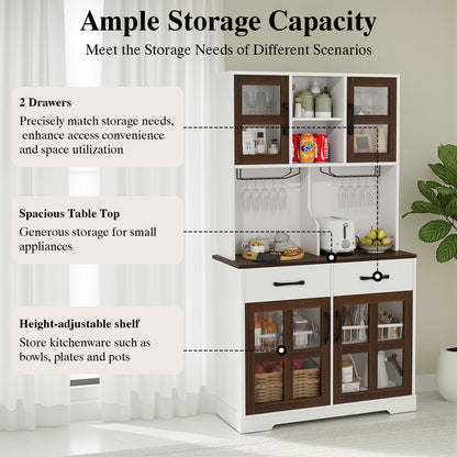Save 50% - Modern Kitchen Pantry Cabinet with Power Outlet & Wine Glass Rack, Freestanding Hutch with Microwave Stand and Adjustable Shelves