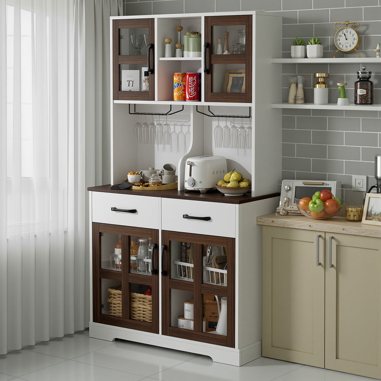 Save 50% - Modern Kitchen Pantry Cabinet with Power Outlet & Wine Glass Rack, Freestanding Hutch with Microwave Stand and Adjustable Shelves