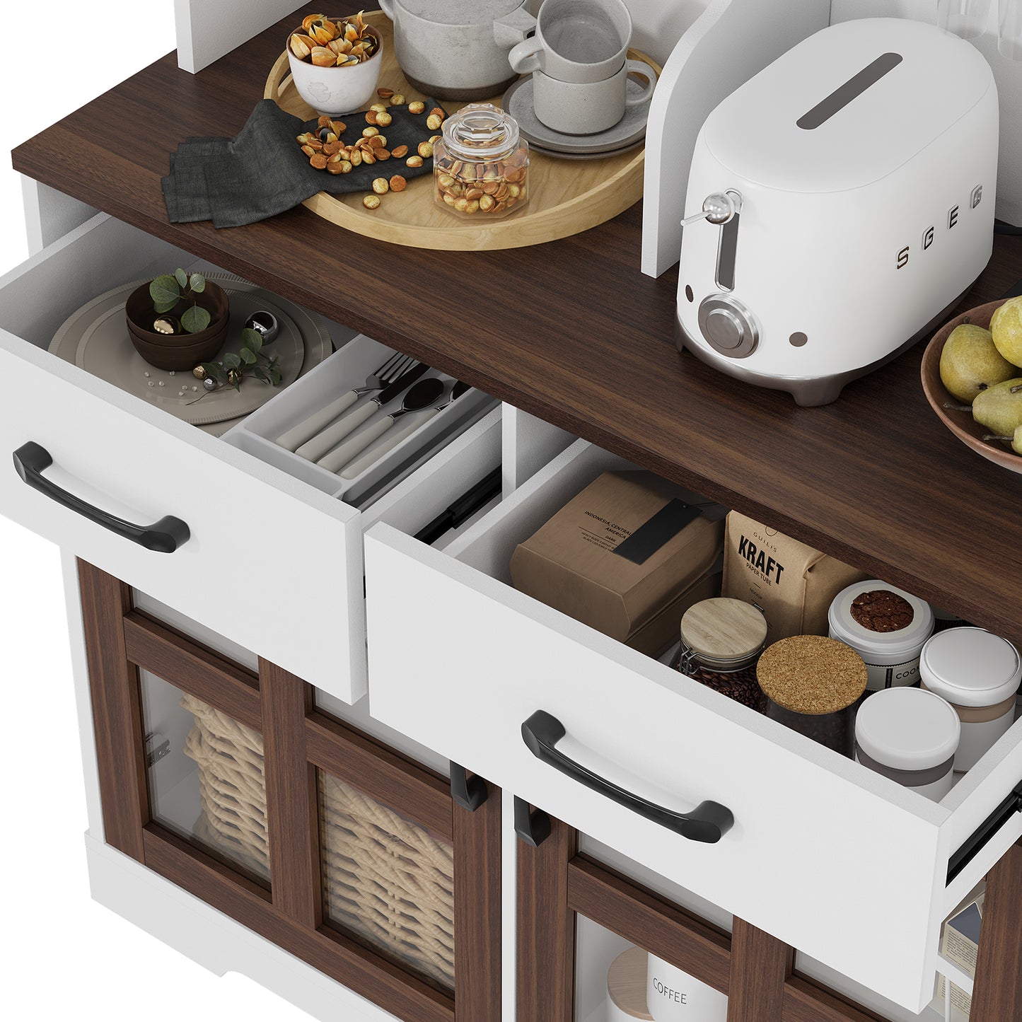 Save 50% - Modern Kitchen Pantry Cabinet with Power Outlet & Wine Glass Rack, Freestanding Hutch with Microwave Stand and Adjustable Shelves