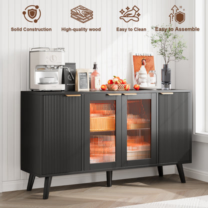 Save 50% - 55" Fluted LED Buffet Cabinet with Storage, Modern Sideboard with Glass Doors, Coffee Bar Cabinet