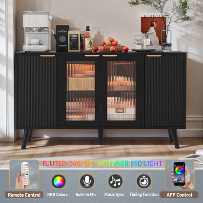 Save 50% - 55" Fluted LED Buffet Cabinet with Storage, Modern Sideboard with Glass Doors, Coffee Bar Cabinet