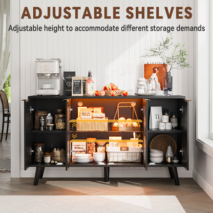 Save 50% - 55" Fluted LED Buffet Cabinet with Storage, Modern Sideboard with Glass Doors, Coffee Bar Cabinet