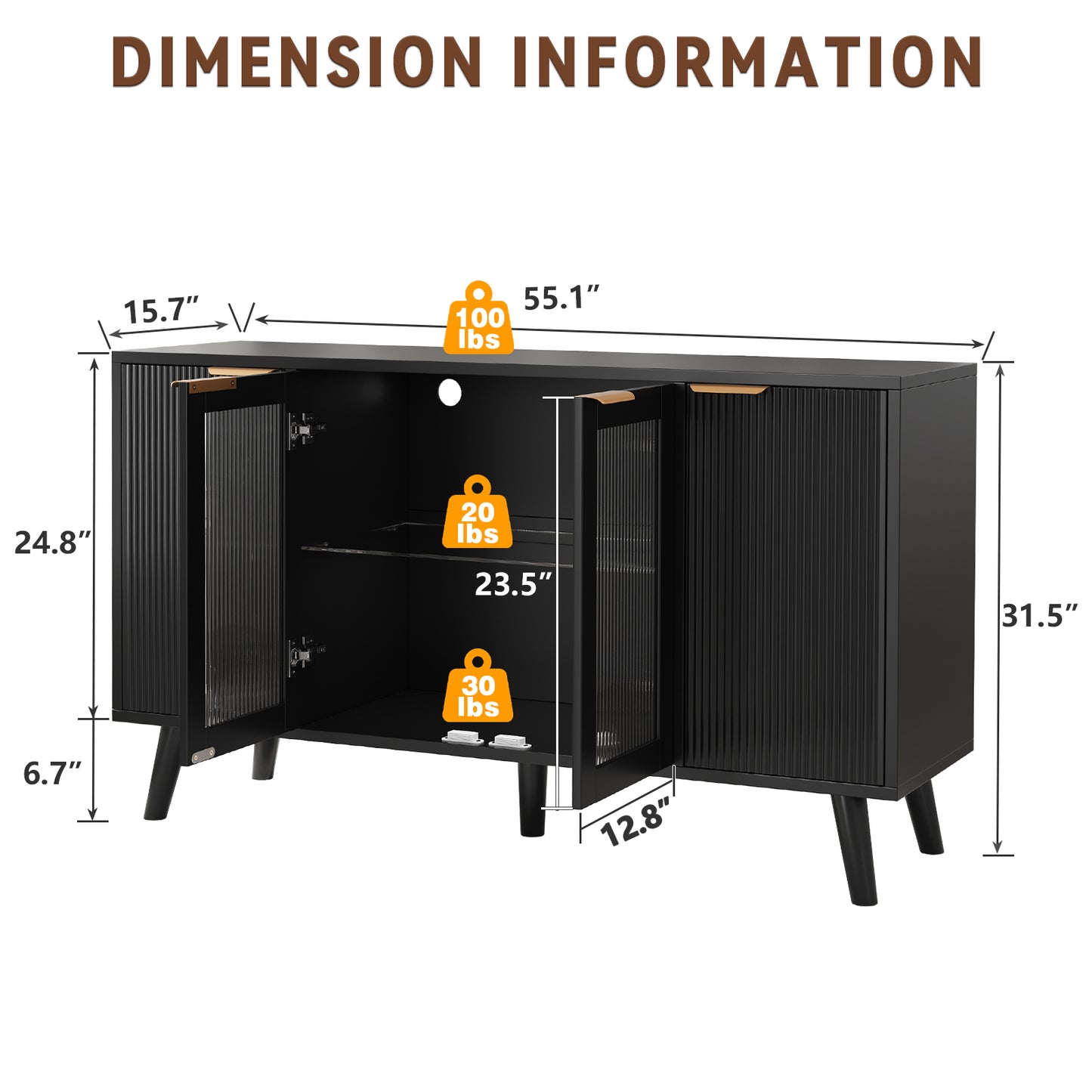 Save 50% - 55" Fluted LED Buffet Cabinet with Storage, Modern Sideboard with Glass Doors, Coffee Bar Cabinet