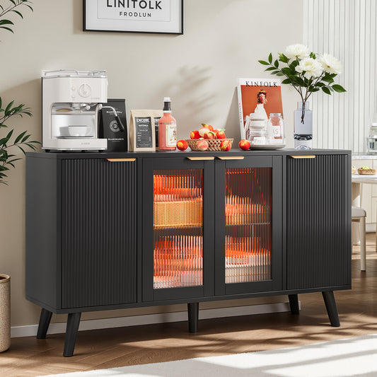 Save 50% - 55" Fluted LED Buffet Cabinet with Storage, Modern Sideboard with Glass Doors, Coffee Bar Cabinet