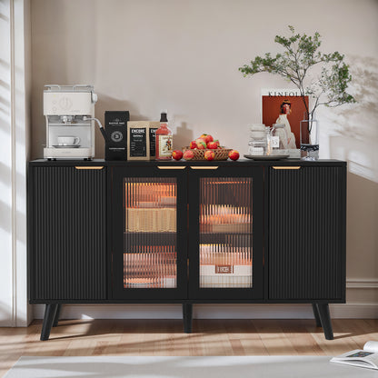 Save 50% - 55" Fluted LED Buffet Cabinet with Storage, Modern Sideboard with Glass Doors, Coffee Bar Cabinet