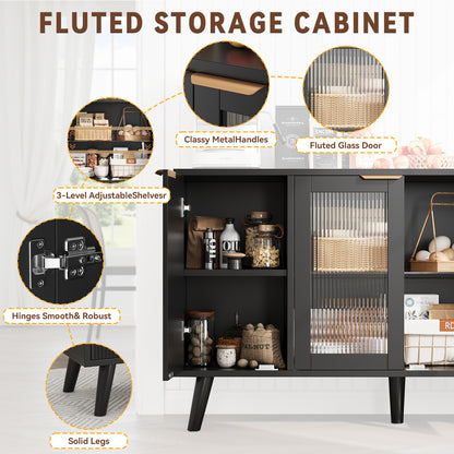 Save 50% - 55" Fluted LED Buffet Cabinet with Storage, Modern Sideboard with Glass Doors, Coffee Bar Cabinet