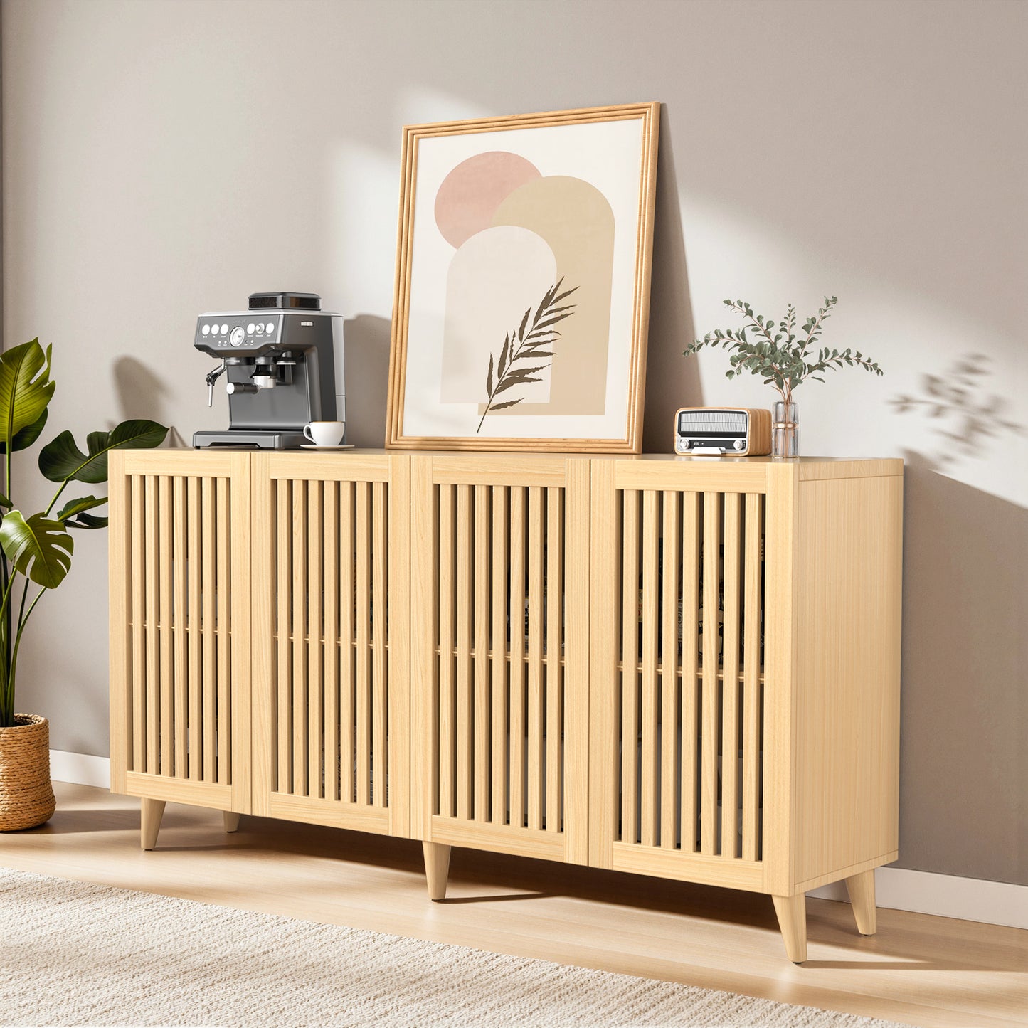 Save 50% - 63" Mid-Century Modern Buffet Cabinet with Storage, 4-Door Wood Sideboard Credenza with Legs for Living Room, Entryway & Hallway