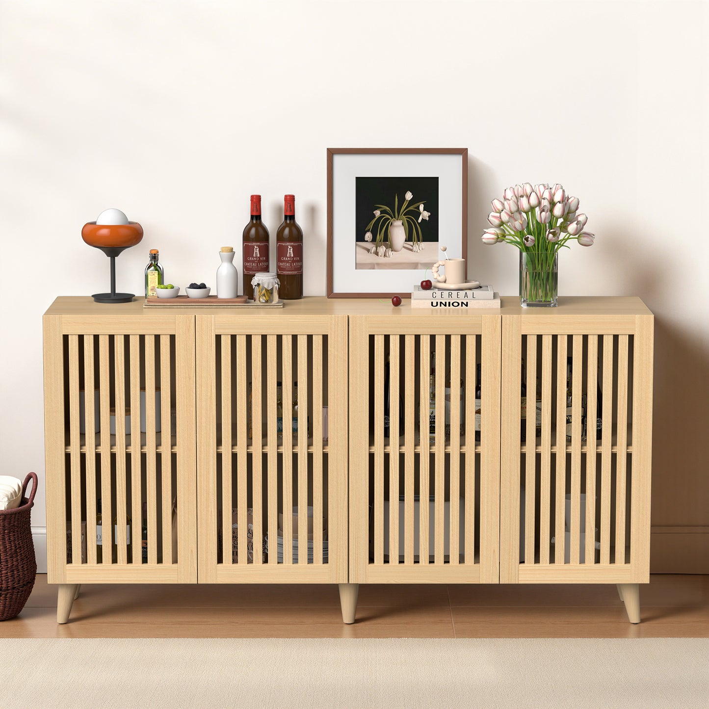 Save 50% - 63" Mid-Century Modern Buffet Cabinet with Storage, 4-Door Wood Sideboard Credenza with Legs for Living Room, Entryway & Hallway