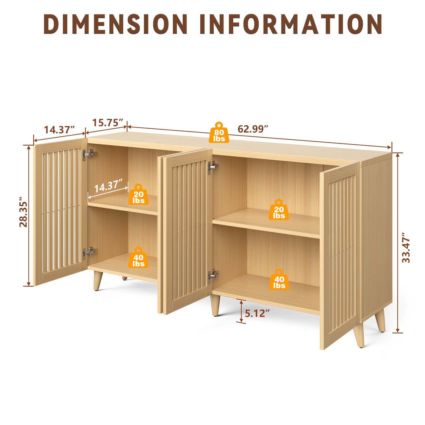 Save 50% - 63" Mid-Century Modern Buffet Cabinet with Storage, 4-Door Wood Sideboard Credenza with Legs for Living Room, Entryway & Hallway