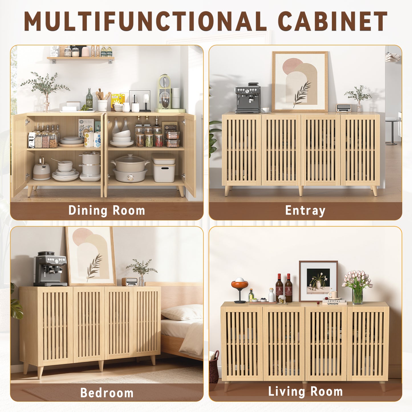 Save 50% - 63" Mid-Century Modern Buffet Cabinet with Storage, 4-Door Wood Sideboard Credenza with Legs for Living Room, Entryway & Hallway