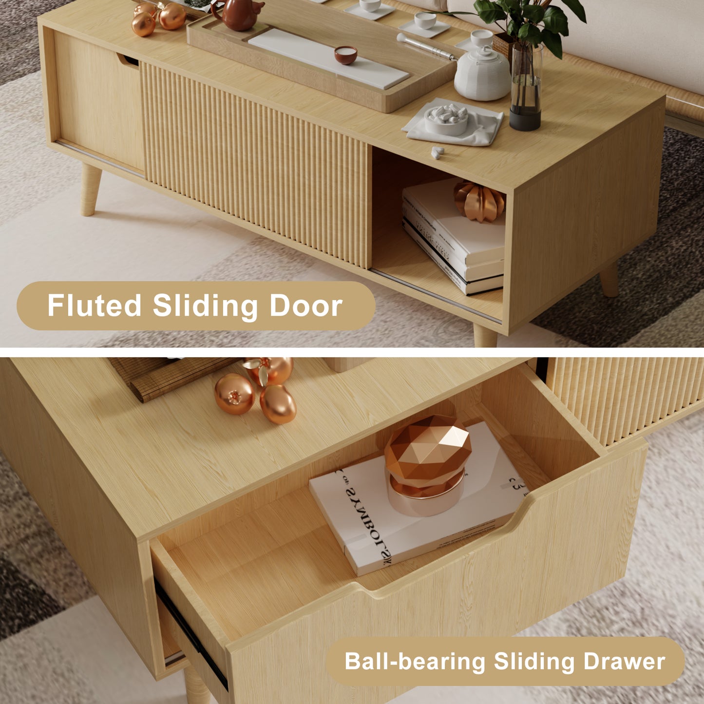 Save 50% - Boho Coffee Table with Fluted Sliding Door & Storage, Natural Wood Color Accent Center Table for Living Room