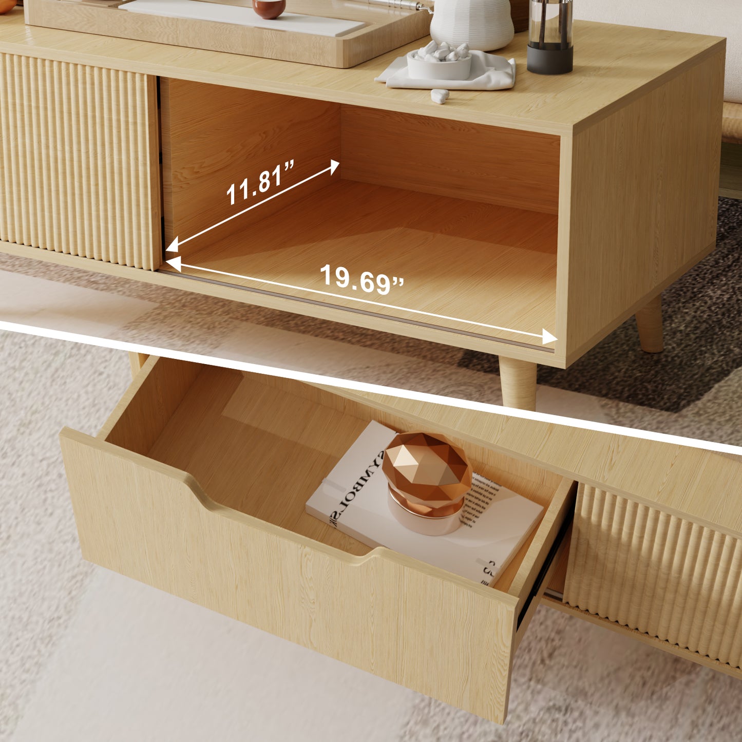 Save 50% - Boho Coffee Table with Fluted Sliding Door & Storage, Natural Wood Color Accent Center Table for Living Room