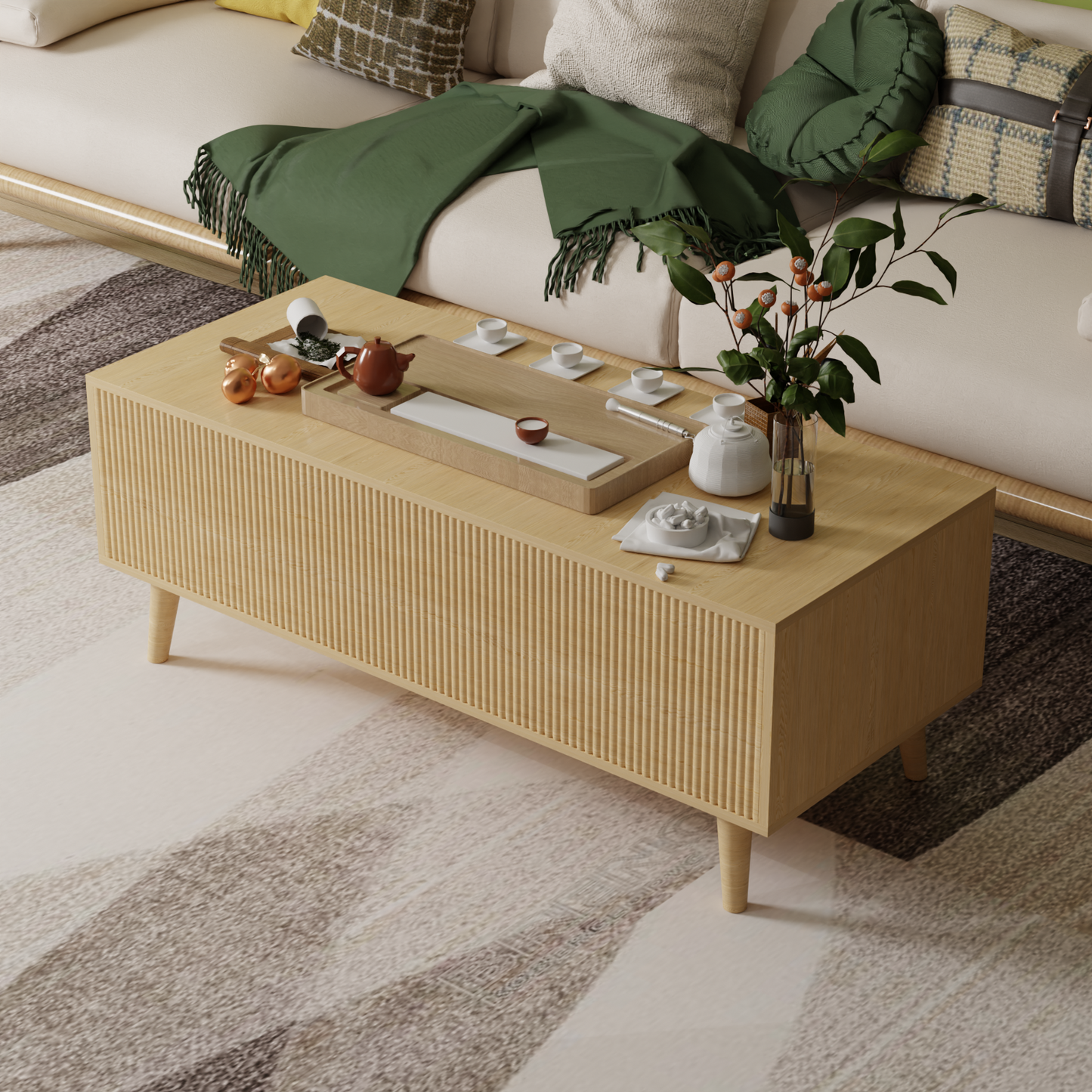 Save 50% - Boho Coffee Table with Fluted Sliding Door & Storage, Natural Wood Color Accent Center Table for Living Room