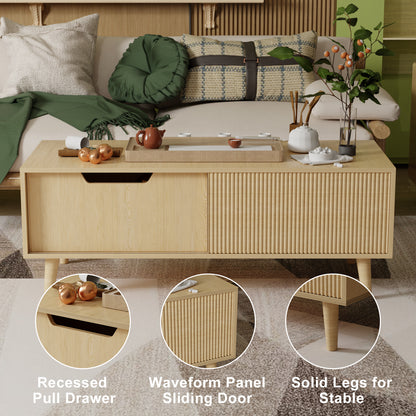 Save 50% - Boho Coffee Table with Fluted Sliding Door & Storage, Natural Wood Color Accent Center Table for Living Room