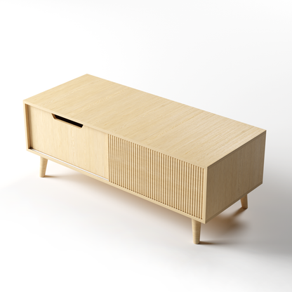 Save 50% - Boho Coffee Table with Fluted Sliding Door & Storage, Natural Wood Color Accent Center Table for Living Room