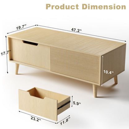 Save 50% - Boho Coffee Table with Fluted Sliding Door & Storage, Natural Wood Color Accent Center Table for Living Room