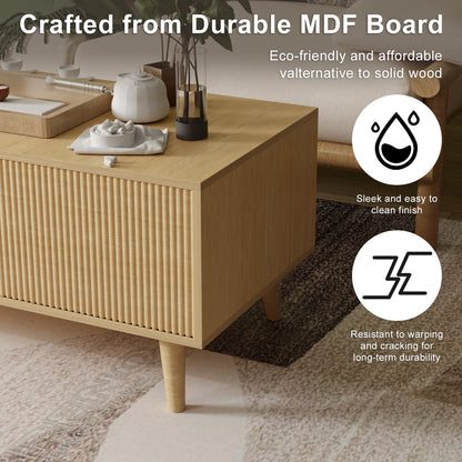 Save 50% - Boho Coffee Table with Fluted Sliding Door & Storage, Natural Wood Color Accent Center Table for Living Room