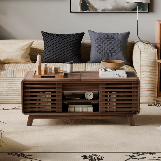 Save 50% - Mid Century Modern Coffee Table with Hidden Storage & Sliding Door, Walnut Finish Dining Table for Living Room