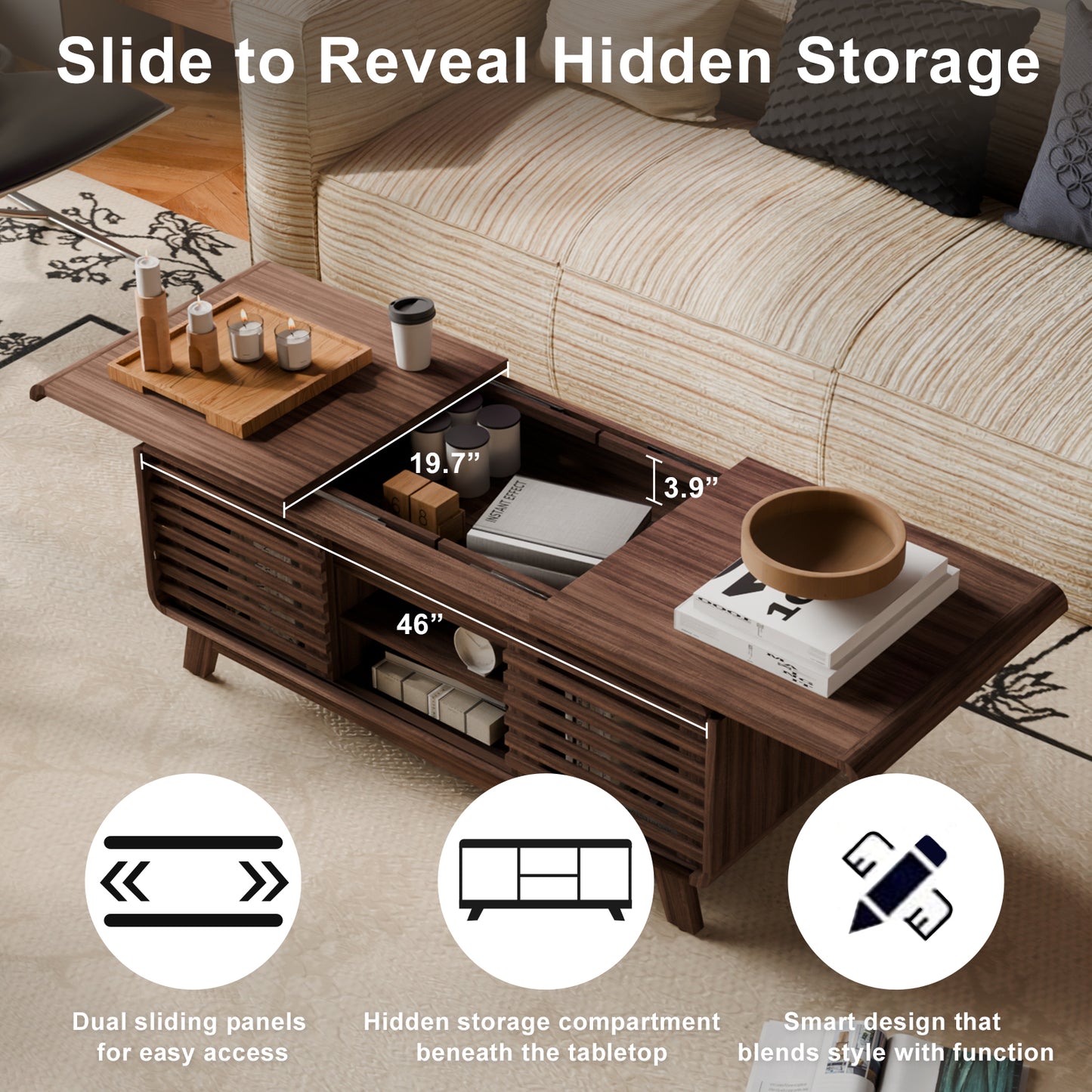 Save 50% - Mid Century Modern Coffee Table with Hidden Storage & Sliding Door, Walnut Finish Dining Table for Living Room