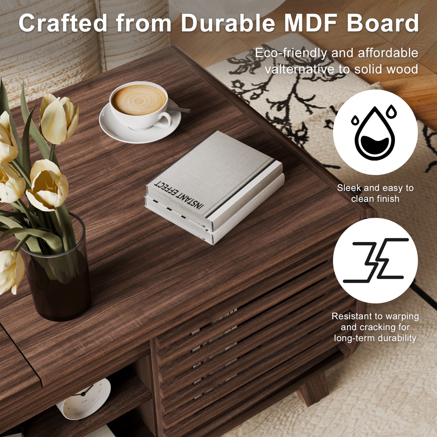 Save 50% - Mid Century Modern Coffee Table with Hidden Storage & Sliding Door, Walnut Finish Dining Table for Living Room