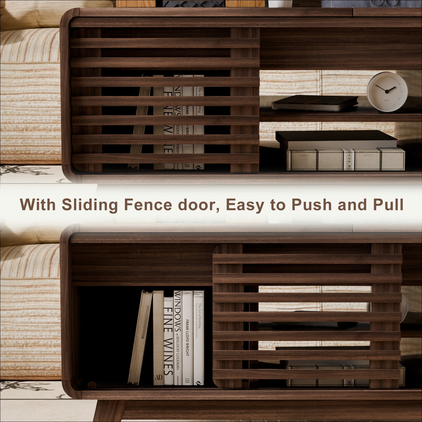 Save 50% - Mid Century Modern Coffee Table with Hidden Storage & Sliding Door, Walnut Finish Dining Table for Living Room