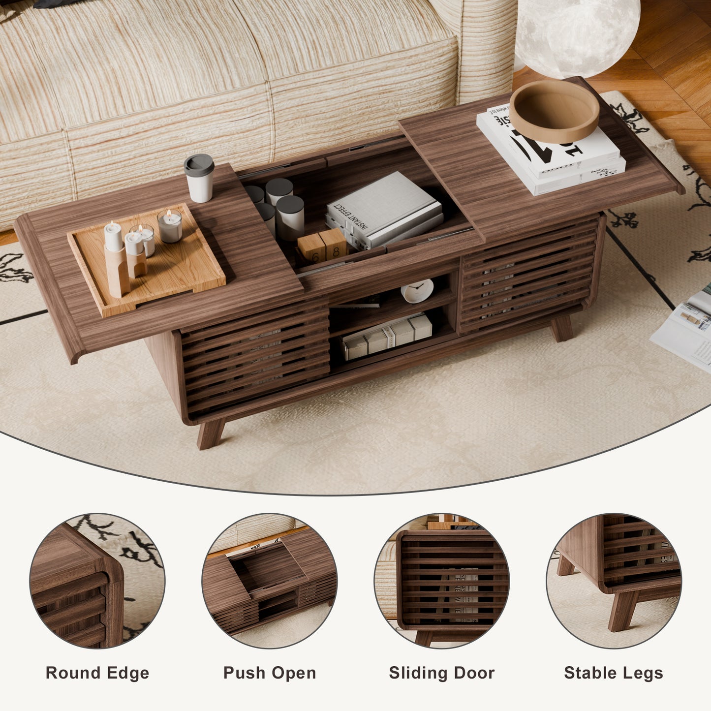 Save 50% - Mid Century Modern Coffee Table with Hidden Storage & Sliding Door, Walnut Finish Dining Table for Living Room