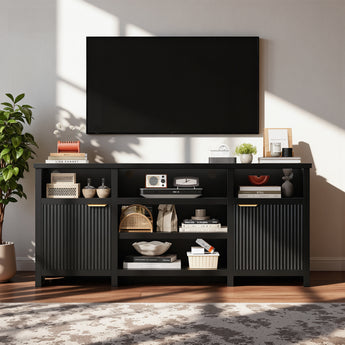Modern farmhouse TV stand by Belord for 75-inch TVs featuring mid-century style and integrated LED lighting in a sleek media console.