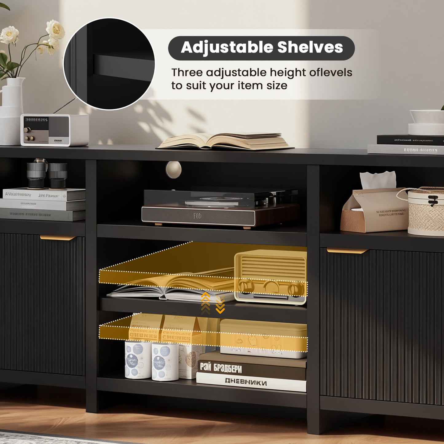 Save 50% - Farmhouse Modern TV Stand for 75 Inch TVs, Mid Century Style Media Console with LED Lights