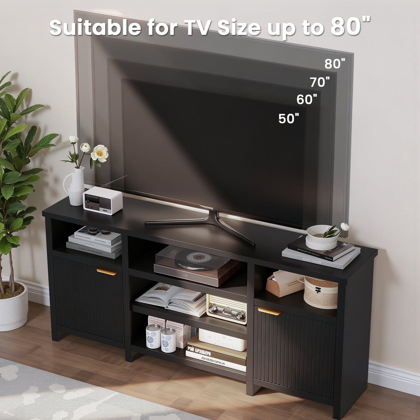 Save 50% - Farmhouse Modern TV Stand for 75 Inch TVs, Mid Century Style Media Console with LED Lights