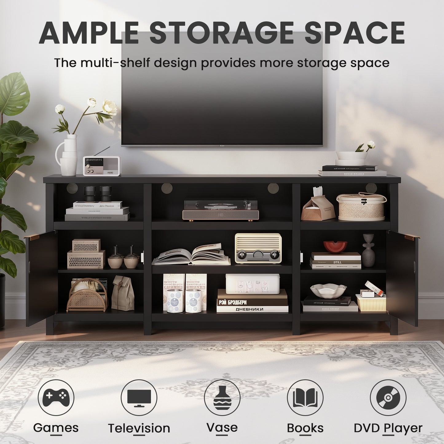 Save 50% - Farmhouse Modern TV Stand for 75 Inch TVs, Mid Century Style Media Console with LED Lights