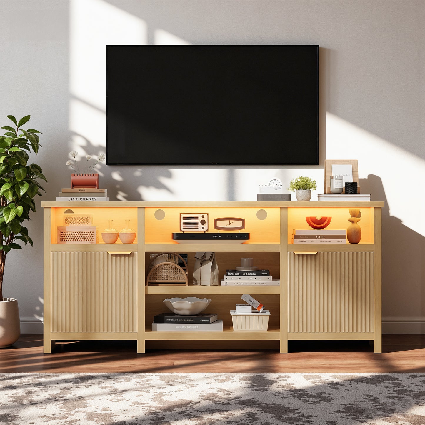 Save 50% - Farmhouse Modern TV Stand for 75 Inch TVs, Mid Century Style Media Console with LED Lights