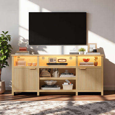 Modern farmhouse TV stand by Belord for 75-inch TVs, mid-century media console with LED lighting and ample storage.